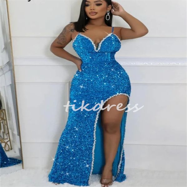 Robes de bal Shine Blue Sequin avec Spit Spit Sparkly Sirène plus taille Africain Night Robe Spaghetti Stracts Dance Dance Robe Per perlé seize anniversaire 2024