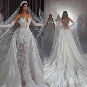 Shine Crystal Mermaid Wedding Jurken Fashion 3D-Lace Sexy Deep V-Neck Beads Slim Fit Detachable Train Bruid Jurken Grootte Custom Made D-H23825