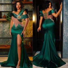 Shine Emerald Green Promdress Aso Ebi Illusion Luxueuse robe de soirée de bal haute fente perlée robes de fête d'anniversaire deuxième robe de réception pour les femmes noires ST615