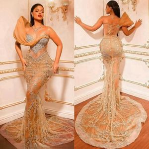 Shine Gold Aso Ebi Robes de bal sirène col transparent tulle dentelle perlée robes de bal pour occasions spéciales deuxième réception africaine robes formelles de fiançailles NL019