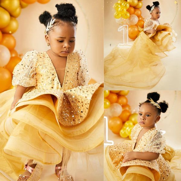 Shine Gold – robes de fête d'anniversaire pour petits enfants, avec traîne détachable, robes de demoiselle d'honneur, manches courtes, paillettes, dentelle, robes de bal en tulle à plusieurs niveaux, NF076