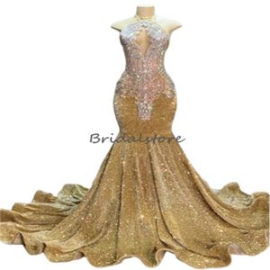 Robes de bal Shine Gold pour les filles noires robe de soirée de paillette de sirène de luxe 2024 plus taille aso ebi robe formelle robe diamant méchants d'anniversaire de fête d'anniversaire robes