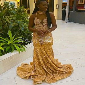 Robe de bal brillante en diamant doré pour filles noires, tenue de soirée de luxe sirène à paillettes pour femmes africaines, robe formelle de fête d'anniversaire, 2024
