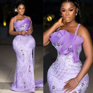Shine luxueux violet Aso Ebi robes de bal licou perlé cristal sexy haute robe de soirée fendue pour les femmes africaines Nigeria noir femmes fête d'anniversaire robes formelles NL009