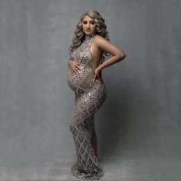 Shine Luxurous Crystals Maternity Photoshoot Outfit Mouwloze zwangerschapsfotografie Lange jurk L2405