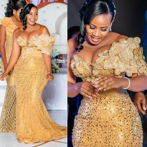 Or grande taille Aso Ebi robes de bal longue col transparent sirène paillettes dentelle robe de soirée formelle pour les filles noires fleurs deuxième réception anniversaire Praty robes AM183