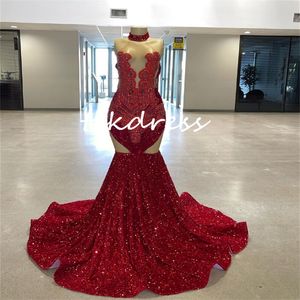 Brillant rouge diamant robes de bal pour les filles noires brillant perlé sirène sequin robe de soirée coupe côté unique robe formelle élégante robes de fête d'anniversaire vestidos noche