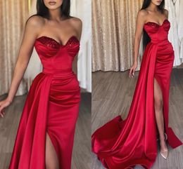 Shine Red High Split Robes De Soirée De Bal Sans Bretelles En Satin Avec Sequin Robes De Soirée Formelles Robe De Soirée Vestidos Longo