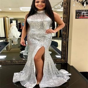 Glans Zilver Pailletten Zeemeermin Galajurk Bling Split Avondjurken Vloerlengte Halter Ruglooze Formele Verjaardagsjurk Sexy Vestios De Fiesta Grote maten Dames Feest