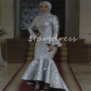 Glans Sparkle Zilver Pailletten Avondjurk Moslim Zeemeermin Arabisch Grote maten Galajurk Hoge hals Lange mouwen Formele Feestjurken Marocain du Caftan Robe De Mariage 2024