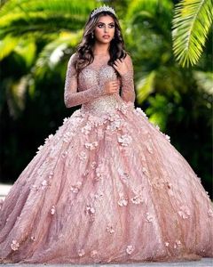 Schittert roségouden pailletten quinceanera jurken 3D bloemen appliques kralen lange mouw prom ball jurk veter sprankelend zoet 16 jurk feestje 2023