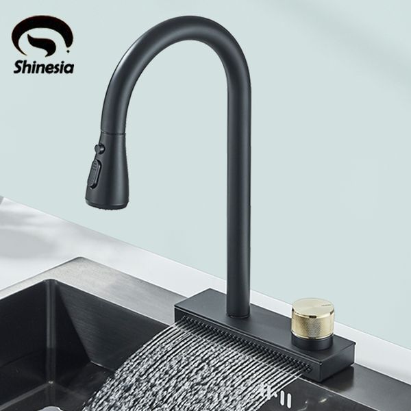 Shinesia Big Waterfall Kitchen Black Kitchen Tire Out Gourmet Gurmet Kitchen Fregadera Mezcladora de agua Single Agumento frío Agua fría 3 maneras