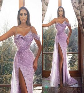 Shiney violet paillettes perles robes de soirée Sxy bretelles spaghetti haute fente longues robes de bal occasion robes de luxe arabe 9326506