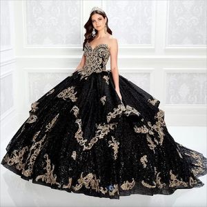 Glanzende zwarte kralen baljurk Quinceanera jurken Sweetheart nek kanten Appliqued prom jurken lovertjes sweep trein tule zoet 15 jurk