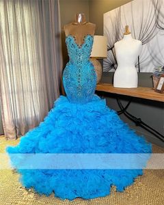 Shining Blue Diamonds Long Prom -jurk kralen kristallen Streuvels Ruche Bottom Formele Party Birthday Gown Robe de Bal