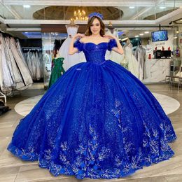 Robe De Quinceanera bleue brillante, robe De princesse mexicaine De 15 ans, robe De bal d'anniversaire De 16 ans, perles De fleurs 3D, en tulle, longue traîne