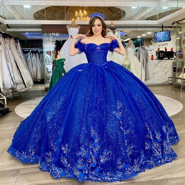 Vestido para quinceañeras azul brillante Vestido mexicano De 15 princesa dulce 16 Vestido De fiesta para cumpleaños 3D cuentas De flores Vestido De tul cola larga