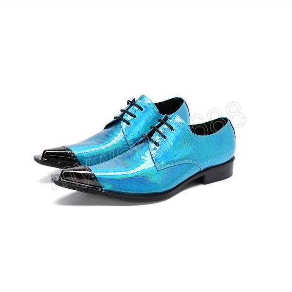 Chaussures Oxford en cuir véritable bleu brillant pour hommes, chaussures Brogue pour célébration d'anniversaire, grande taille, chaussures habillées à bout pointu