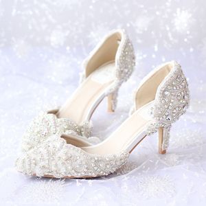 Glanzende kristal kralen bruids schoenen geappliceerd pure kleur puntschoen bruiloft accessoire wandelen comfortabele verschillende hiel prom schoen