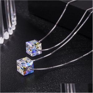 Collier en cristal brillant avec pendentif Cube de sucre, chaîne en argent Sterling 925, accessoires de bijoux à la mode, Hg12, livraison directe, Dhod7