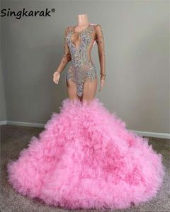 Shining Diamonds Pink Prom -jurk 2024 kralen kristallen strass Ruches Bottom Formal Party Birthday Gown Robe de Bal