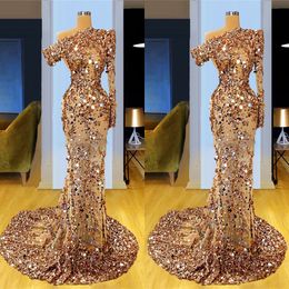 Shining Evening Dresses Single Long Sleeve Prom Dress Sweep Train Custom Made Formal Party Gowns
