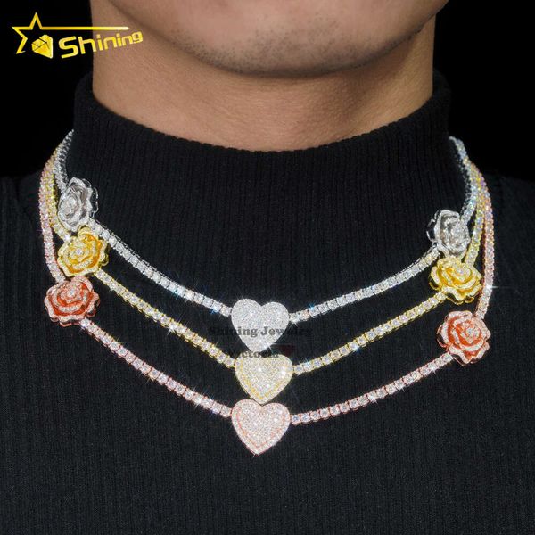 Bijoux brillants nouveauté or massif 925 argent Rose fleur Vvs Moisaanite Tennis coeur pendentif collier chaîne