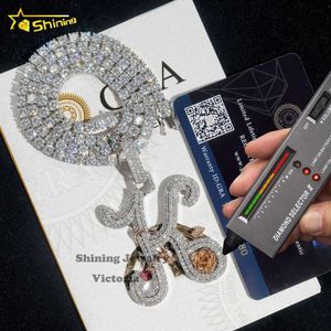 Bijoux brillants en argent massif glacé Vvs Gra Moissanite lettre k pendentif avec chaîne de Tennis de 4mm