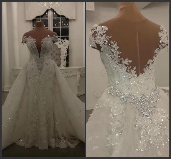 Robes de mariée sirène de luxe brillantes avec train détachable paillettes cristaux perle appliques hors épaule robe de mariée robes de mariée