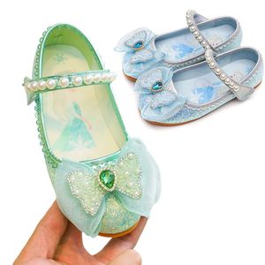 Shining Pearl Bow Tie Princess Shoes for Girls Halloween Festival Cosplay Birthday Party Fair Up Fairy Green Kids Leather Shoe 240416