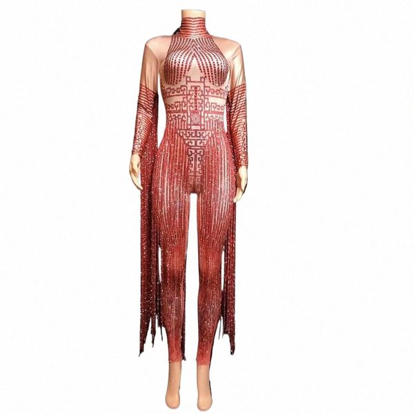 Brillant Rhineste Rouge Fringe Combinaisons Femmes Lg Manches Stretch Justaucorps Discothèque Chanteur Pole Dance Stage Porter Costume Gland n8Zl #