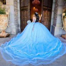 Robe Quinceanera bleu ciel brillant, robe de bal à fleurs 3D, douce 15 16, robes de bal pour filles, 2024