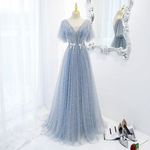 Shinning Blue Sequin A Line Prom Robes NOUVEAU Luxury V Neck Neck Dentelle Appliques Plus Taille Birthday Party Robes pour les femmes arabes
