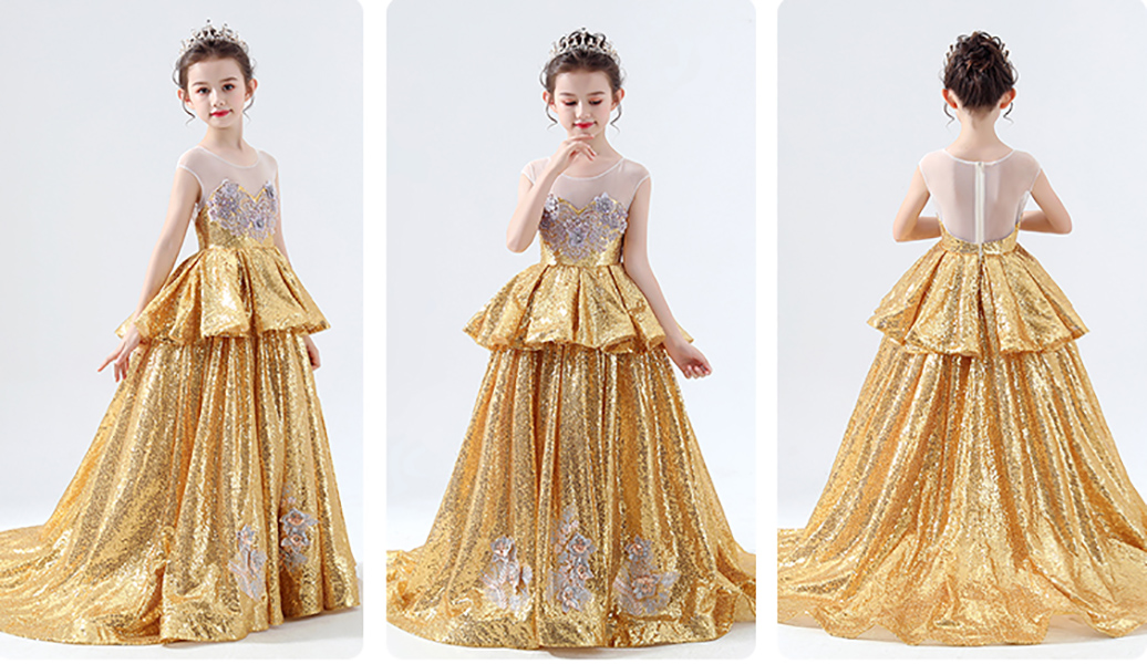 Shinning Gold Sequins Jewel Applique Beads Train Flower Girl Dress Girl's Pageant Dresses Party/Birthday Dresses Girl's Skirt Custom SZ 2-12 D319021