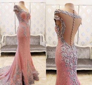 Robe de bal rose brillante sirène avec cristaux de perles décolleté transparent appliques robe de concours célébrité occasion spéciale porter des robes de soirée