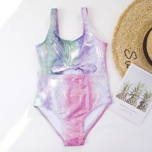 Shinning Print Summer Bow Deco Kids Girls One Piece Swimpak Swimpak Kind kind Tiener Girl Outdoor Beach Monokini 240415