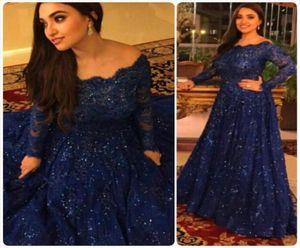 Shinning Royal Blue Evening Jurken Bateau Off Shoulder Long Sheeves Lound Lace Plus Size Arabische Myriam Fares Prom Dresses8600160