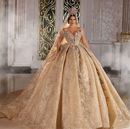 Shinny robe de bal robes de mariée Champagne hors épaule luxe cristal perlé saoudien dubaï robe de mariée grande taille