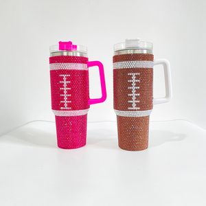 Shinny bling 40oz Rugby imprimé football américain bling strass diamant gobelet double paroi en acier inoxydable tasse avec poignée couvercle et paille, vendu à la caisse