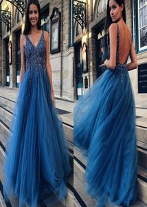 Glanzend Blauw Kralen Gala Avondjurk 2019 V-hals Formele Partij Baljurk Aline Pageant Jurken Custom Made5545393