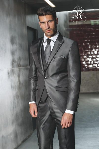 Shinny Dark Grey Groom Tuxedos Peak Lapel Slim Fit Groomsman Wedding 3 Piece Suit Mode Hommes Business Jacket Blazer (Veste + Pantalon + Cravate + Gilet) 8