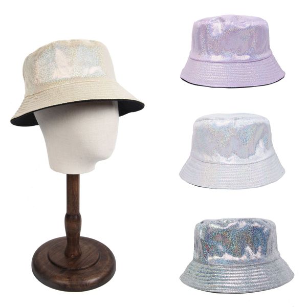 Shinny Party Laser Bucket Hat Stage Wear PU Cuir Sparkle Large Bord Chapeaux De Pêcheur Festival De Musique De Noël Holographique Hip Hop Cap Couleur Métallique En Gros