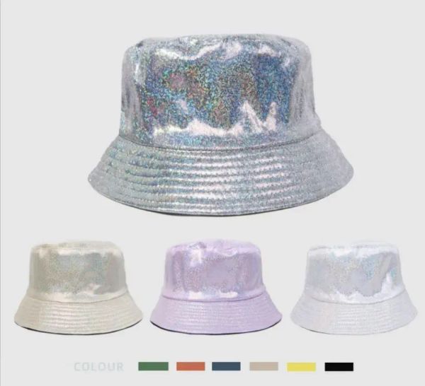 Shinny Party Laser Bucket Hat Stage Wear PU Cuir Sparkle Large Bord Chapeaux De Pêcheur Festival De Musique De Noël Holographique Hip Hop Cap Couleurs Métalliques CPA5791