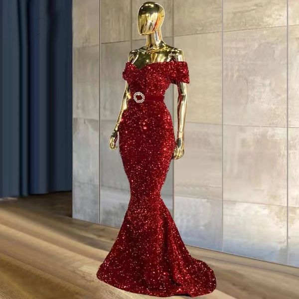 Robe de soirée sirène rouge brillante, paillettes, élégante, décolleté en cœur, dos nu, longue traîne, robes d'occasion avec ceinture