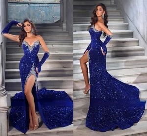 Robes de bal de soirée fendues bleu Royal brillant nouvelle chérie sirène paillettes perles longue fête Ocn robes femmes robes formelles BC