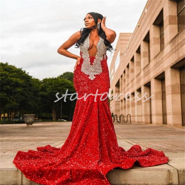Robe de bal à paillettes rouges scintillantes pour filles noires, sexy, dos ouvert, sirène, robes de soirée à paillettes, robe de soirée formelle d'anniversaire africaine, 2024
