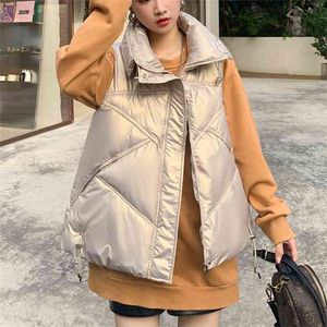 Shinny Winter Puffer Vest Femmes Solid Turn Down Col Zipper Quilted Dames Veste sans manches Lâche Style coréen Gilet 210910