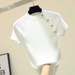 Shintimes fino de punto blanco T botón de manga corta camiseta de las mujeres 2020 verano sólido camiseta casual camiseta femenina femme CX200713