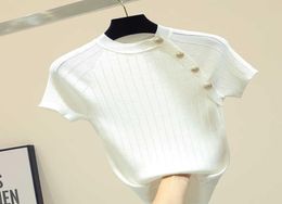 Camiseta blanca de punto de punto delgado Shintimes Finos Botón Camiseta de manga corta Mujeres 2020 Summer Solid informal Camiseta femenina Femme CX207453461
