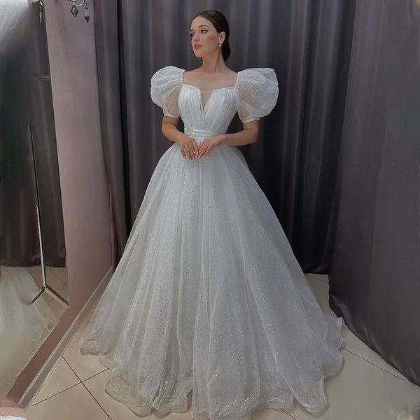 Robe De mariée ligne A brillante, avec manches bouffantes, robe De mariée plissée en cœur, en Tulle pailleté